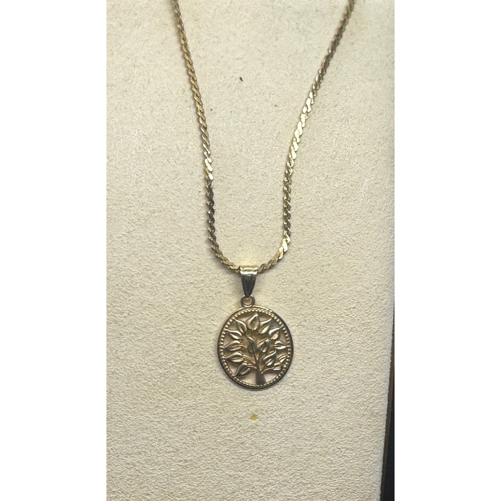 14K Yellow Gold Tree of Life Pendant Necklace 15 Inch Curb Chain 1.3g
